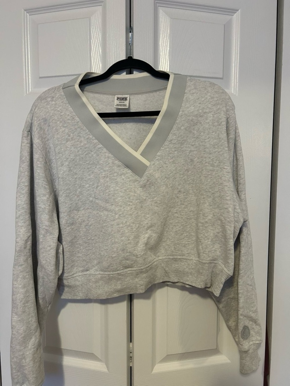 PINK Light Gray V-Neck Cropped Sweatshirt